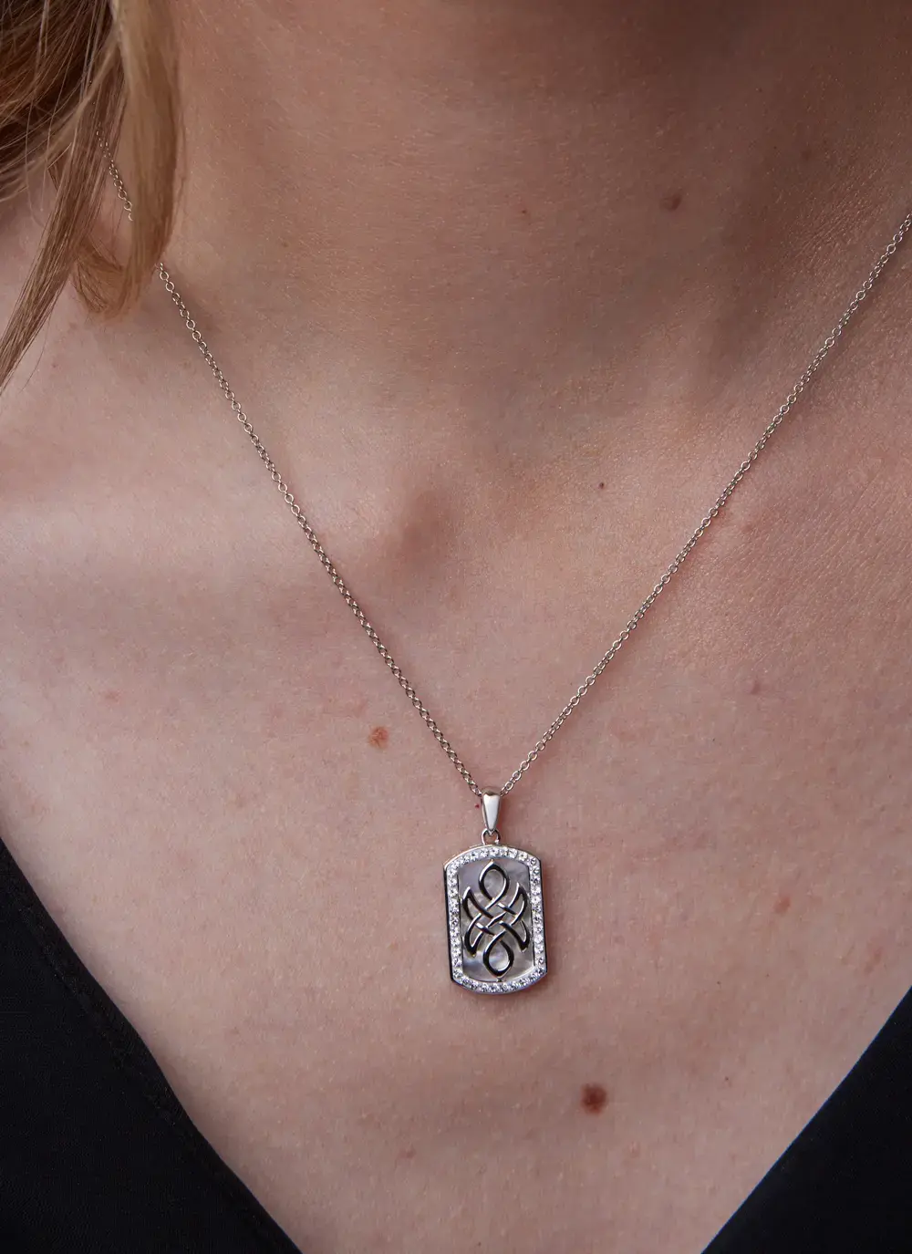  Sterling Silver Mother of Pearl Celtic Knot Medallion Pendant with White Crystals